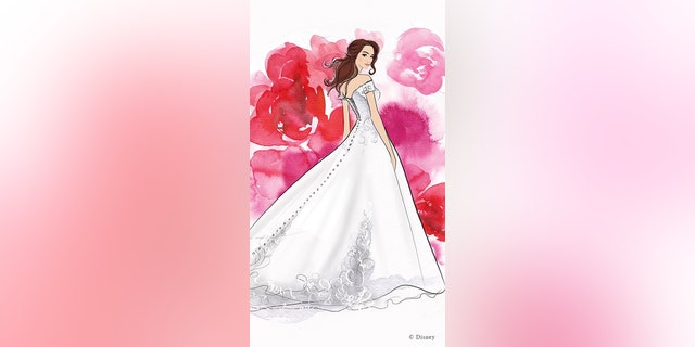 A Belle-inspired illustration of a Disney Fairy Tale Weddings Collection gown.