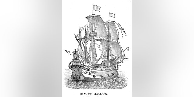 Spanish galleon engraving 1895 stock illustration.