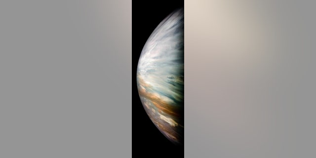Thick white clouds are present in this JunoCam image of Jupiter's equatorial zone. At microwave frequencies, these clouds are transparent, allowing Juno's Microwave Radiometer to measure water deep into Jupiter's atmosphere. The image was acquired during Juno's flyby on Dec. 16, 2017. (Credit: NASA/JPL-Caltech/SwRI/MSSS/Kevin M. Gill)