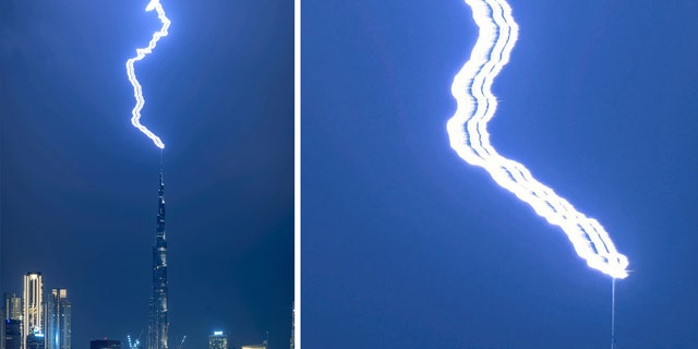 Three lightning bolts appear to hit the Burj Khalifa simultaneously in what may be the clearest picture ever taken of the phenomena known as 'Ribbon lightning'. (Credit: SWNS)