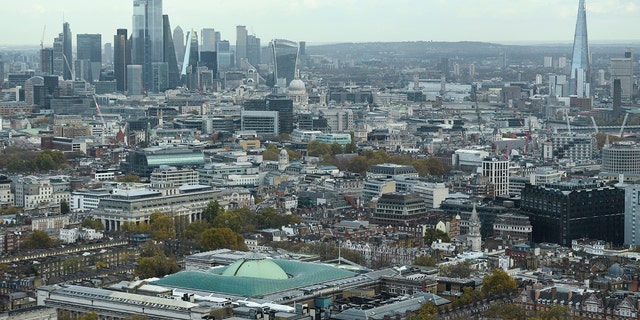 From the British Museum (lower left), Walkie Talkie (upper center), Tower Bridge (upper right center), Shards (right), City of London (left), BT Tower in Fitzlovia, London. 