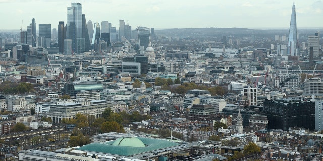 From the British Museum (lower left), Walkie Talkie (upper center), Tower Bridge (upper right center), Shards (right), City of London (left), BT Tower in Fitzlovia, London. 