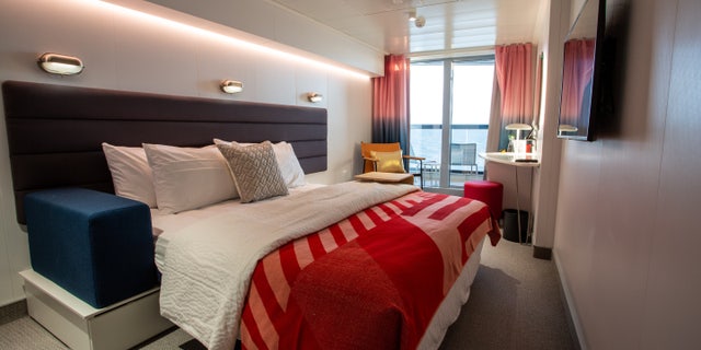 One of suites inside the new Scarlett Lady Virgin Voyages cruise ship.