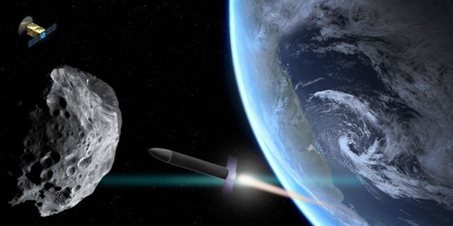 An illustration shows a rocket approaching an asteroid that's drifted too close to Earth. A scout probe orbits nearby.