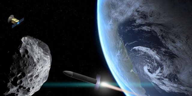 An illustration shows a rocket approaching an asteroid that's drifted too close to Earth. A scout probe orbits nearby.