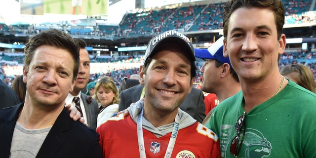 (Left to right) Jeremy Renner, Paul Rudd and Miles Teller attend Super Bowl LIV. (Photo by Jeff Kravitz/FilmMagic)