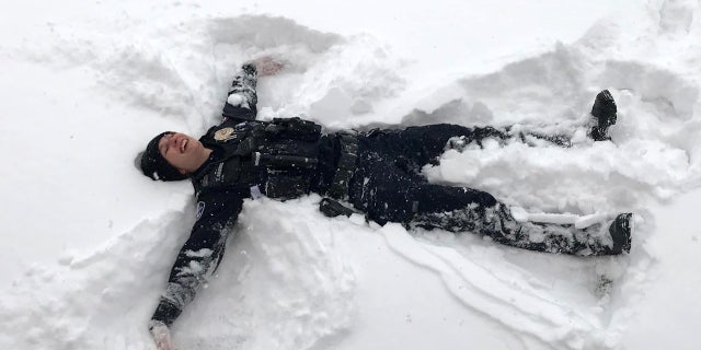 The Casper Police Department said that in addition to keeping Casper, Wyo. safe on Monday it was "embracing the white stuff" as a snowstorm impacted the region.