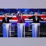 Democratic presidential candidates, Mike Bloomberg, Sen. Elizabeth Warren, and Sen. Bernie Sanders participate in a Democratic presidential primary debate in Las Vegas, Feb. 19, 2020.