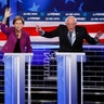 Democratic presidential candidates, Mike Bloomberg, Sen. Elizabeth Warren, and Sen. Bernie Sanders participate in a Democratic presidential primary debate in Las Vegas, Feb. 19, 2020.
