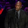 Former NBA player Michael Jordan cries while speaking during a celebration of life for Kobe Bryant and his daughter Gianna in Los Angeles, Feb. 24, 2020. 