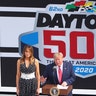 President Trump giving a speech alongside first lady Melania Trump in Victory Lane prior to the Daytona 500 on Feb 16, 2020. 