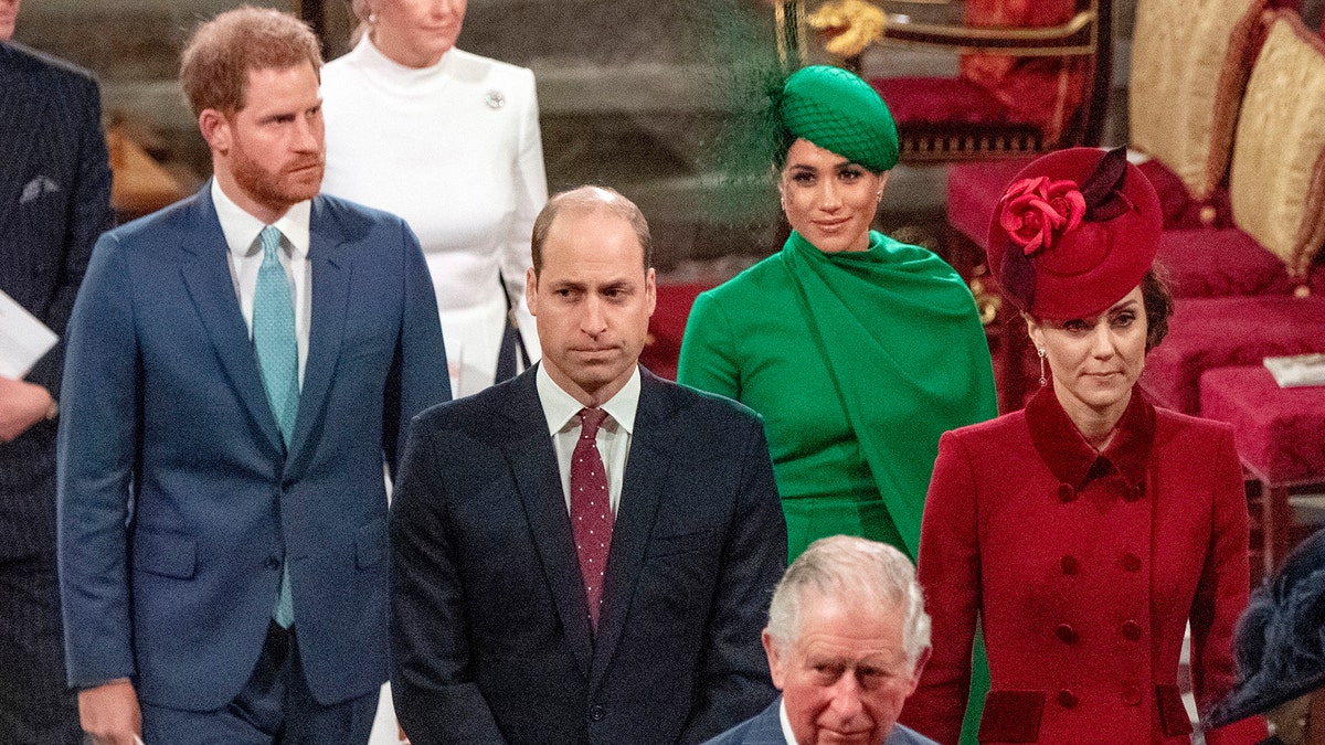 From left, Britain's Prince Harry, Prince William, Meghan Duchess of Sussex and Kate, Duchess of Cambridge leave the annual Commonwealth Service at Westminster Abbey in London Monday March 9.