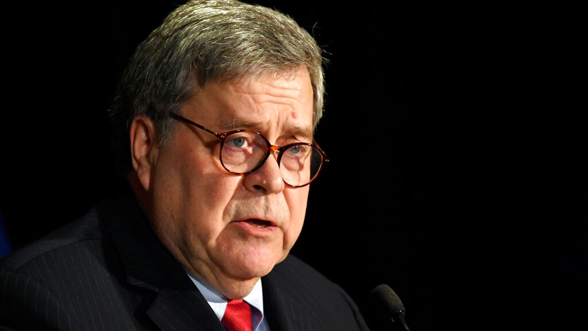 FILE - In this Feb. 10, 2020, file photo, Attorney General William Barr speaks at the National Sheriffs' Association Winter Legislative and Technology Conference in Washington. (AP Photo/Susan Walsh, File)