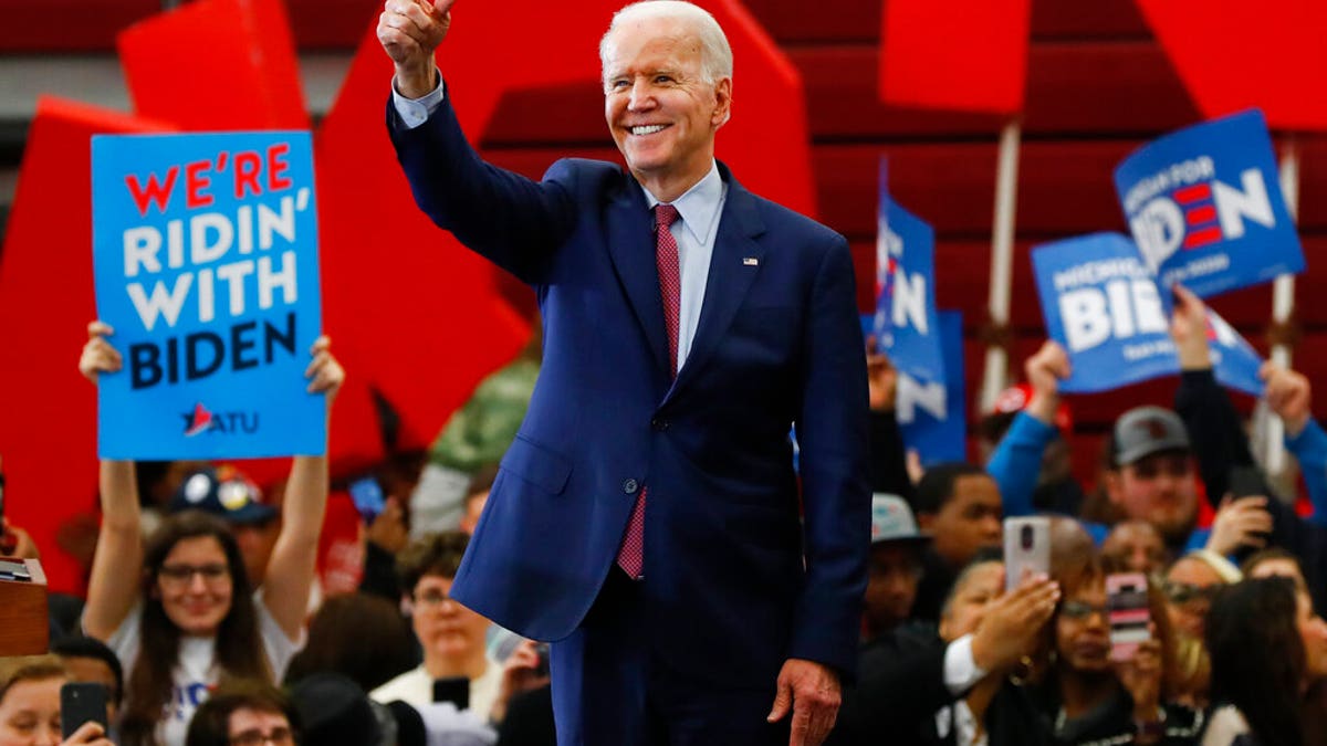 Democratic presidential candidate former Vice President Joe Biden speaks during a campaign rally at Renaissance High School in Detroit, Monday, March 9, 2020. (AP Photo/Paul Sancya)