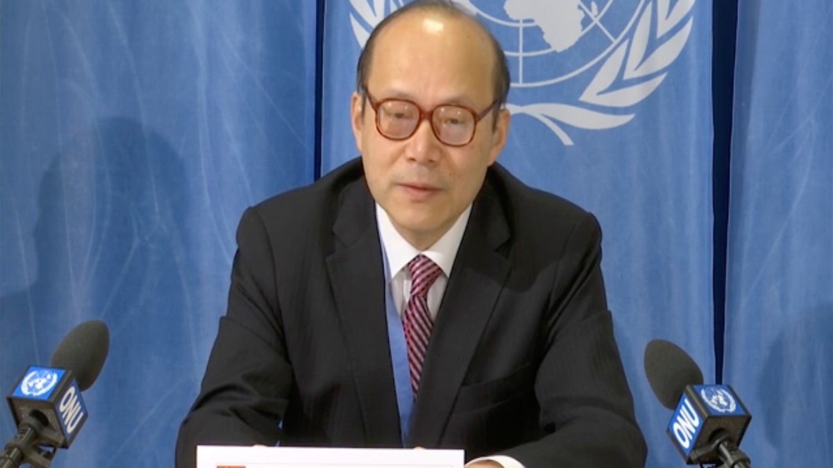 China's ambassador in Geneva ambassador Chen Xu makes a media statement criticizing the U.S. for attacking China's candidate to head a United Nations agency that tracks intellectual property in the digital age, in Geneva, Switzerland, Wednesday, Feb. 26, 2020. (AP Photo)