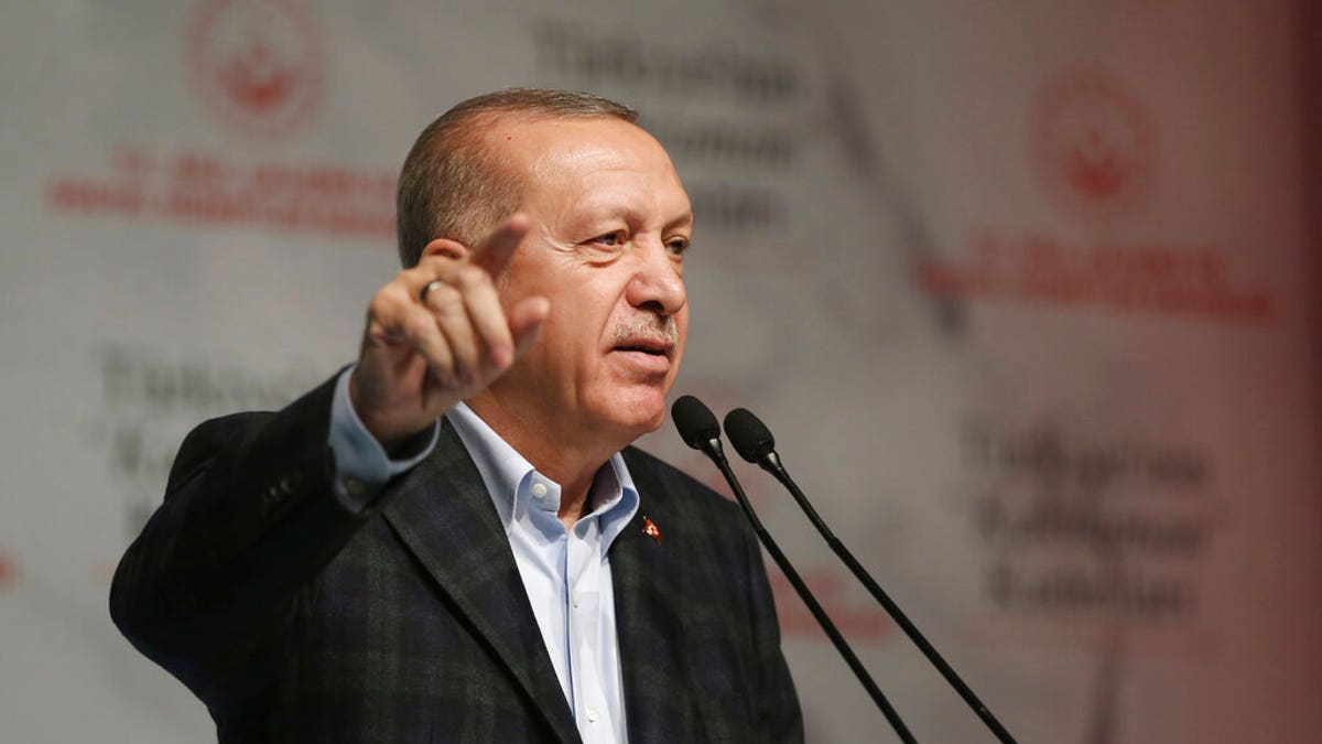 Turkey's President Recep Tayyip Erdogan speaks during a meeting marking the International Women's Day, in Istanbul, Sunday, March 8, 2020. 