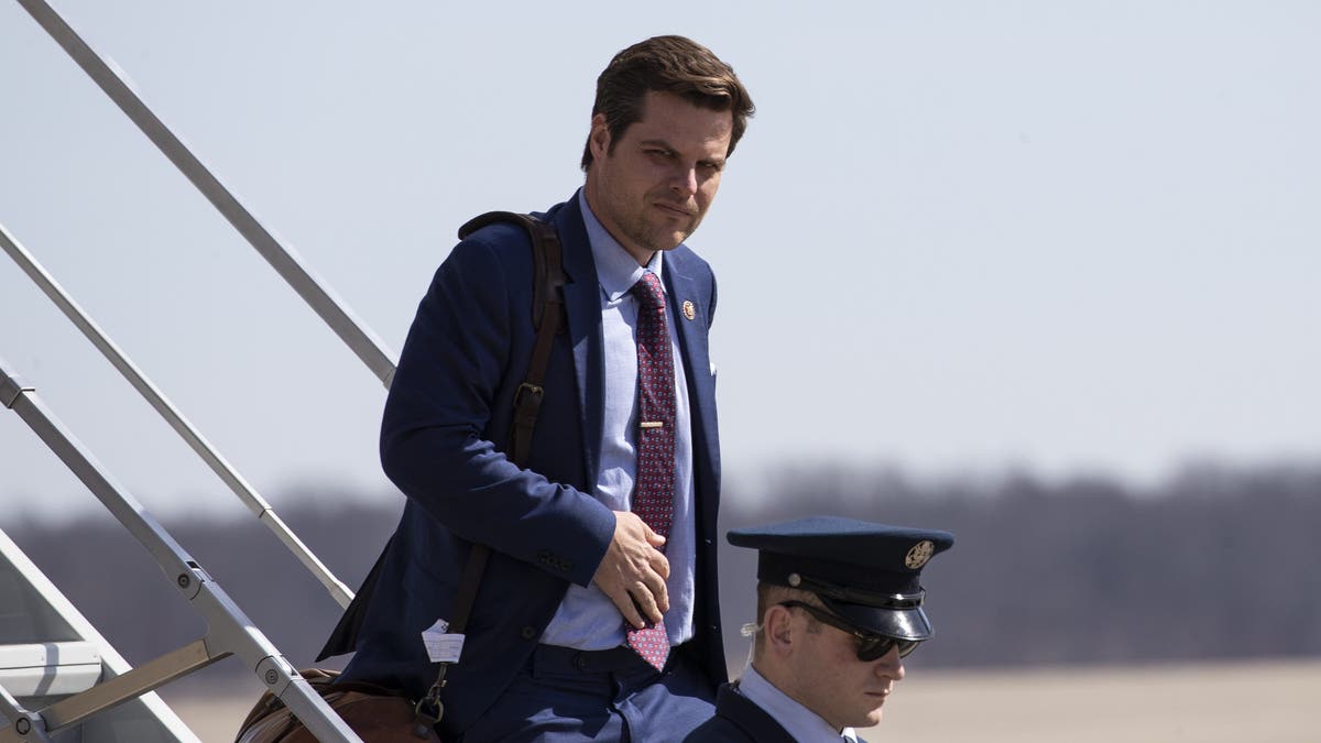 Rep. Matt Gaetz, R-Fla., steps off Air Force One upon arrival Monday, March 9, 2020, at Andrews Air Force Base, Md. (AP Photo/Alex Brandon)