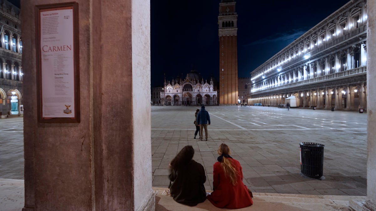 A view of St. Mark's Square in Venice, Italy, Monday, March 9, 2020. Italian Premier Giuseppe Conte says he is restricting travel nationwide to try to stop the spread of the new coronavirus. (Anteo Marinoni/LaPresse via AP)