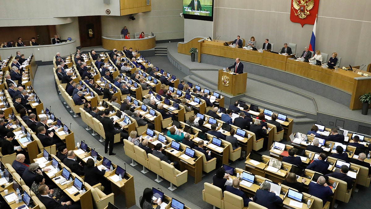 The Russian State Duma, the Lower House of the Russian Parliament in Moscow. (AP Photo/Pavel Golovkin)