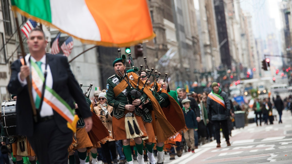 Bagpipers and others march up Fifth Avenue during the St. Patrick's Day Parade in New York City, March 16, 2019. (Associated Press)