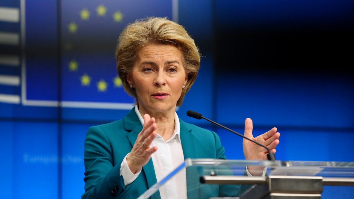 European Commission President Ursula von der Leyen addresses the media after a video-conference with G7 leaders at the European Council building in Brussels, Monday, March 16, 2020. 