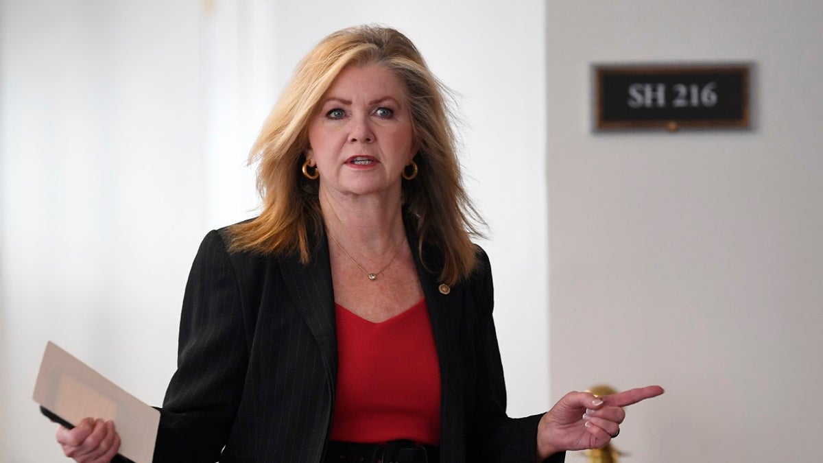 Sen. Marsha Blackburn, R-Tenn., heads into a Republican policy lunch on Capitol Hill in Washington on Thursday. Blackburn is pushing through legislation to decrease U.S. dependency on other countries for life-saving medication amid veiled threats from China to withhold coronavirus drugs. (AP Photo/Susan Walsh)