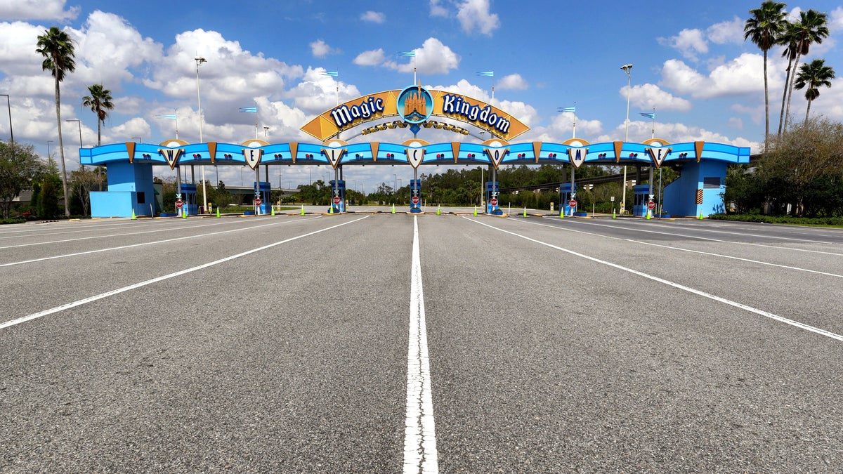 All is quiet at the parking plaza entrance to the Magic Kingdom in this March 24 photo.