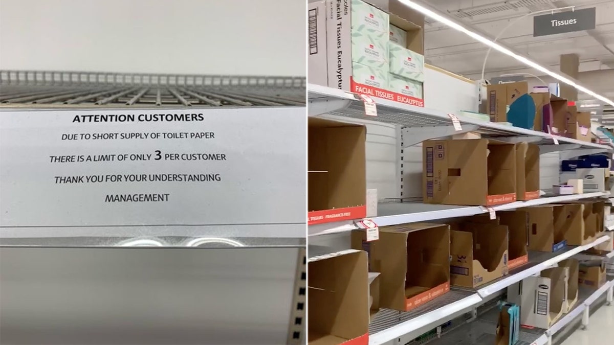 A notice stuck to a shelf instructing customers about a limit on toilet paper purchases is pictured in a supermarket amid coronavirus fears in Sydney, Australia March 4, in this picture obtained from social media.