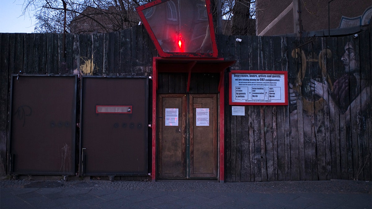 This March 25, 2020, photo, shows an entrance to the closed music club Wilde Renate in Berlin, Germany.  (AP Photo/Markus Schreiber)