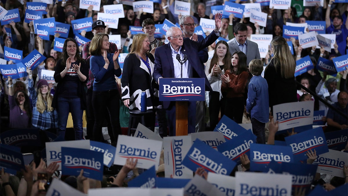 Democratic presidential candidate Sen. Bernie Sanders, I-Vt., speaks during a primary night election rally in Essex Junction, Vt., Tuesday, March 3, 2020. (AP Photo/Charles Krupa)