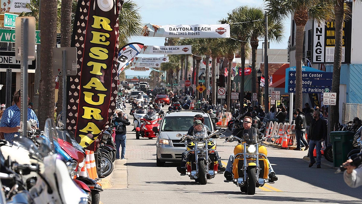 Bikers fill Main Street during Bike Week in Daytona Beach on Saturday, March 7, 2020. (Stephen M. Dowell/Orlando Sentinel via AP)