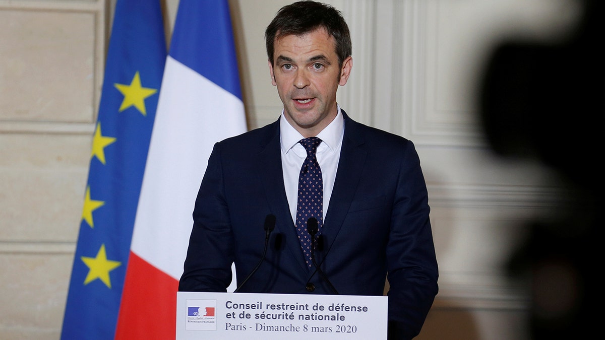 French Health Minister Olivier Véran speaking at a news briefing in Paris on Sunday. (Pascal Rossignol/Pool via AP)