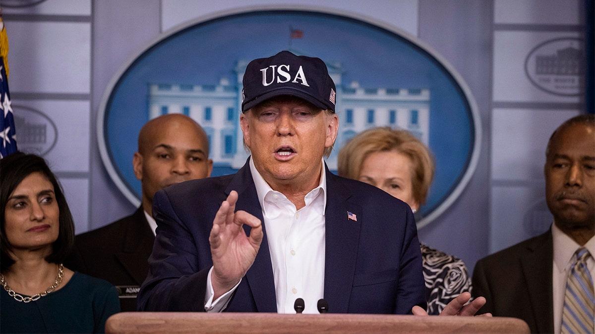 President Donald Trump speaks during a news conference about the coronavirus in the James Brady Briefing Room at the White House, Saturday, March 14, 2020, in Washington. (AP Photo/Alex Brandon)