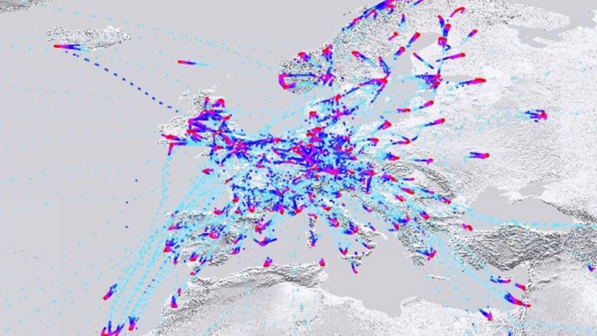 Imagery showing the density in aircraft at different altitudes in Europe on March 2, 2020. Red indicates low altitudes.