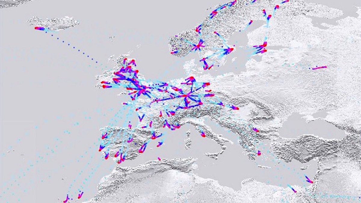Imagery showing the density in aircraft at different altitudes in Europe on March 23, 2020. Red indicates low altitudes. A noted reduction in flights can be seen over Italy.