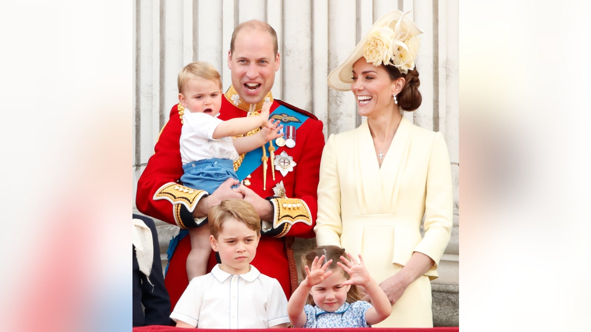 Prince William, Duke of Cambridge, Catherine, Duchess of Cambridge, Prince Louis of Cambridge, Prince George of Cambridge and Princess Charlotte of Cambridge watch a flypast from the balcony of Buckingham Palace during Trooping The Colour, the Queen's annual birthday parade, on June 8, 2019.