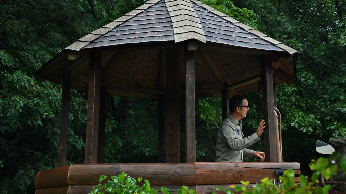 LOST CITY, WV-AUGUST 23: Drew Miller in one of his many guard towers at his West Virginia compound on August 23, 2019. Miller, a retired Air Force intelligence officer and Harvard-educated writer, has been establishing compounds for the apocalypse. So far about 100 people have joined. (Photo by Michael S. Williamson/The Washington Post)