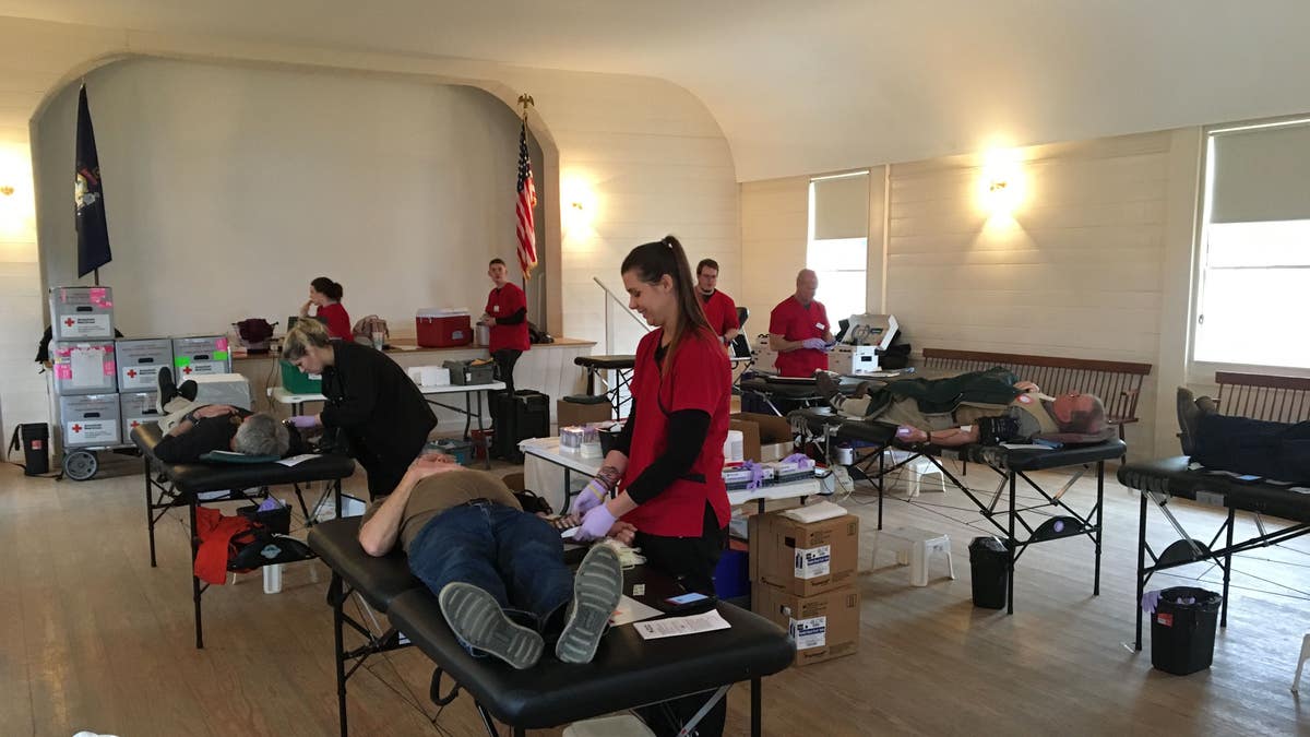 Donors give blood in Boothsbay, Maine at the American Red Cross donation drive