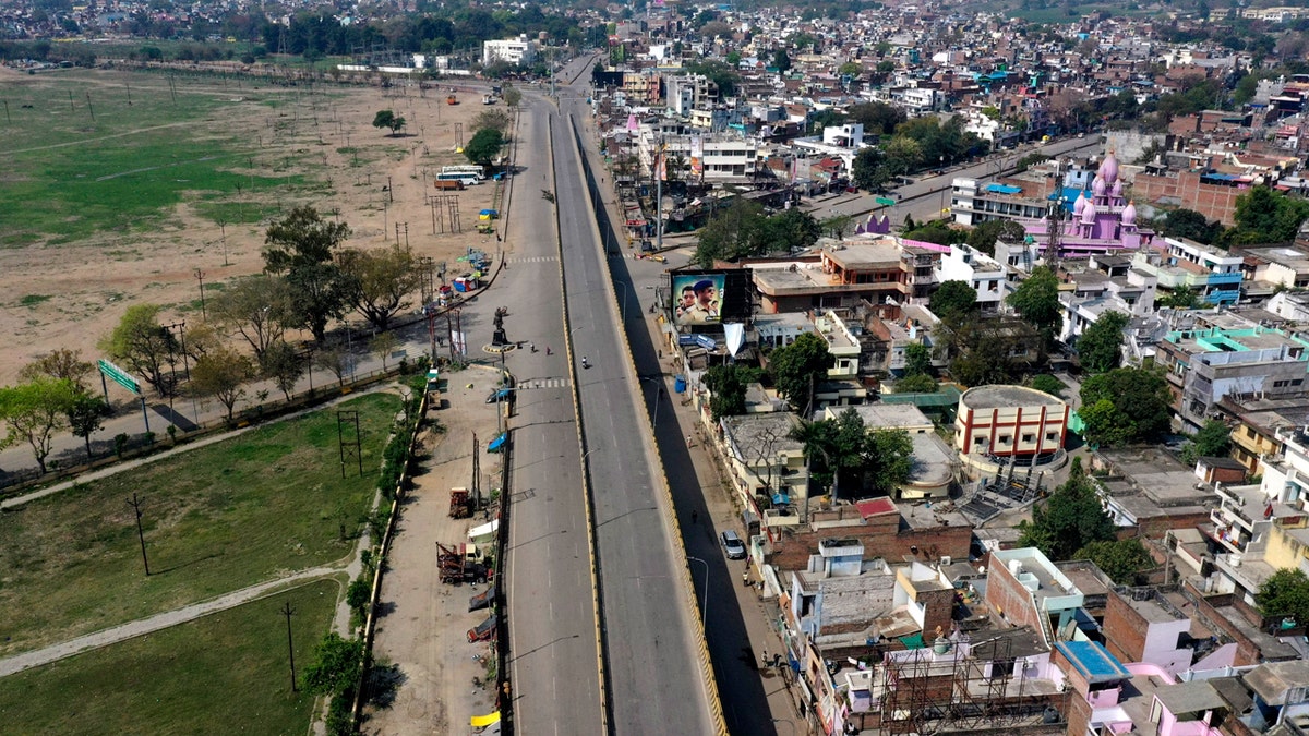 An aerial view of the city is seen under complete lockdown amid growing concerns of coronavirus in Prayagraj, India, Tuesday, March 24, 2020.