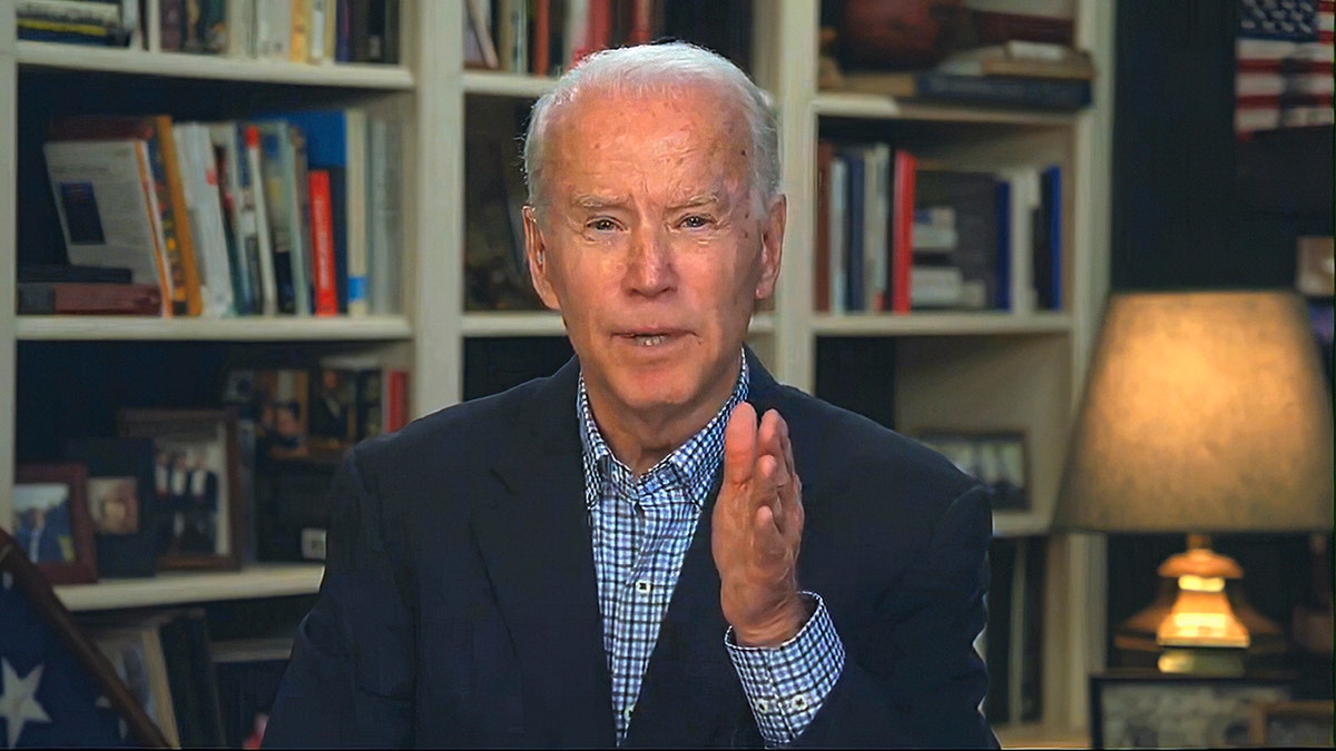 In this image from video provided by the Biden for President campaign, Democratic presidential candidate former Vice President Joe Biden speaks during a virtual press briefing Wednesday, March 25, 2020. (Biden for President via AP)