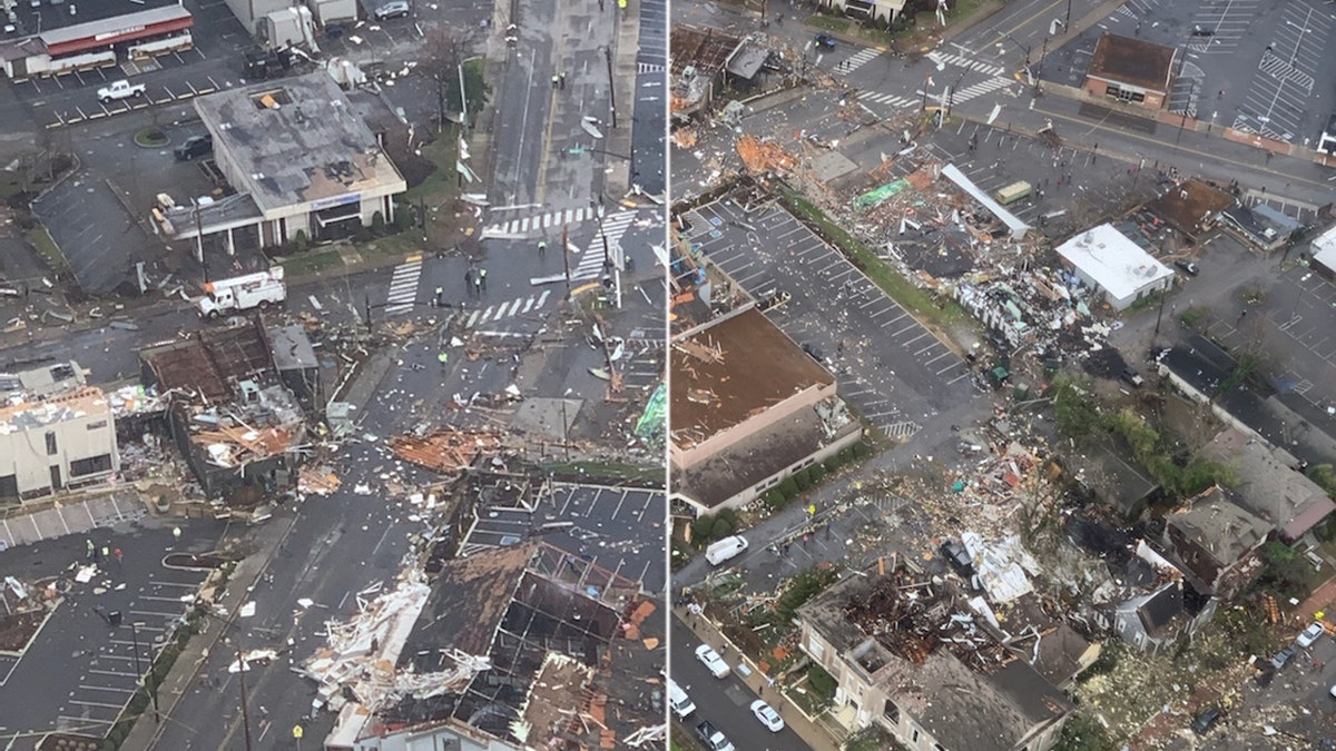 Damage after the tornado tore through Nashville, as seen from a Metro Nashville Police Department police helicopter.
