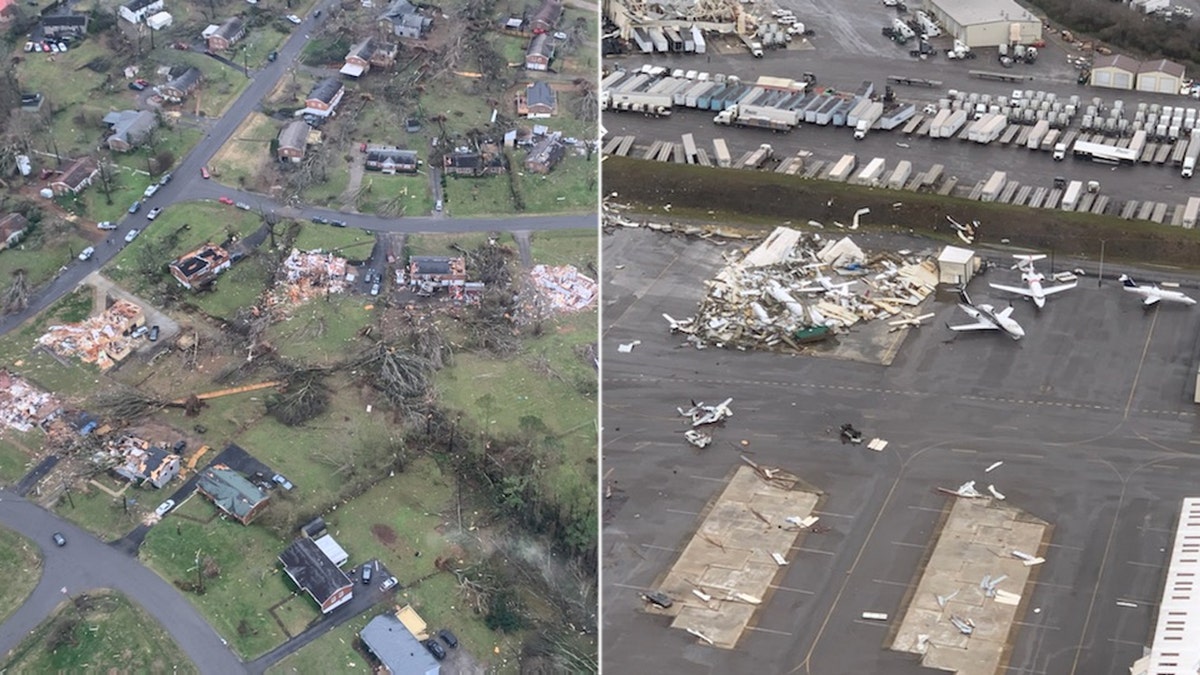 Damage after the tornado tore through Nashville, as seen from a Metro Nashville Police Department police helicopter.