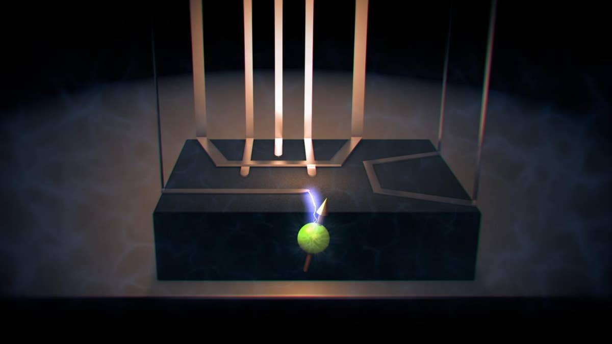 An artist's impression of how a nanometer-scale electrode is used to locally control the quantum state of a single nucleus that is inside a silicon chip.