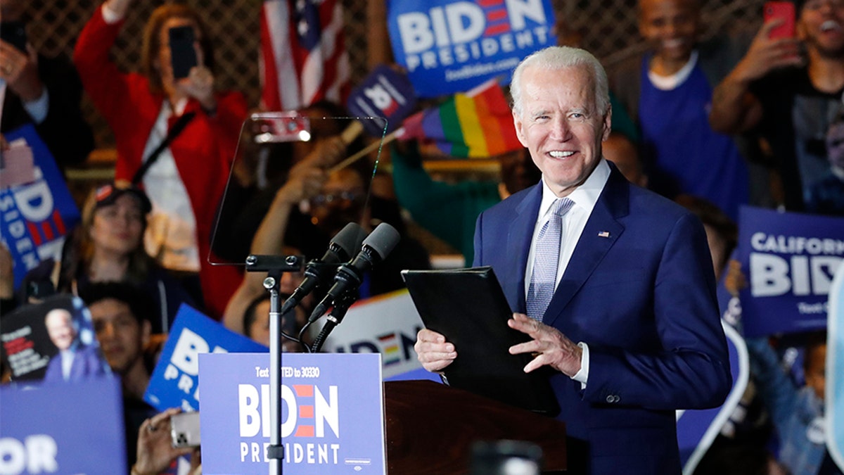 Democratic U.S. presidential candidate and former Vice President Joe Biden appears at his Super Tuesday night rally in Los Angeles, Calif., on March 3, 2020. (REUTERS/Mike Blake)