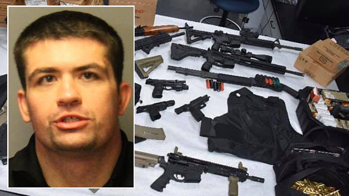 Mugshot for Thomas Andrews, 32, and photo of weapons cache seized from his home in Sunnyvale, Calif.