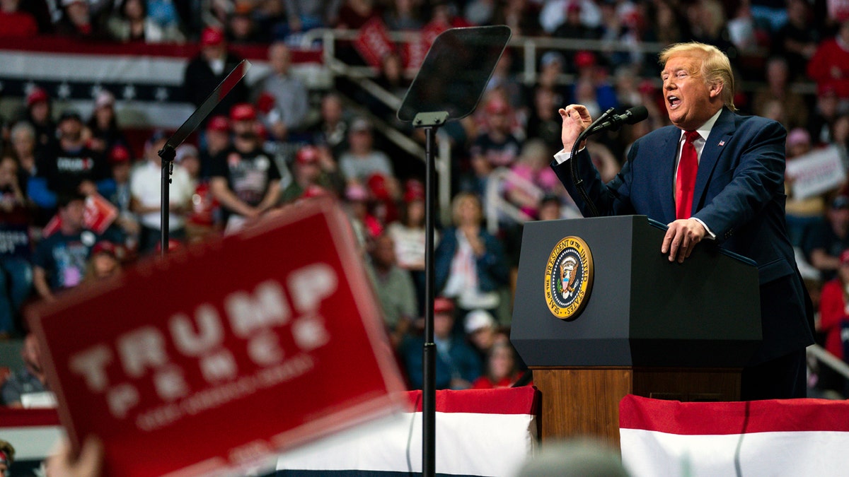 President Donald Trump speaks during a campaign rally at Bojangles Coliseum, Monday, March 2, 2020, in Charlotte, N.C. (AP Photo/Evan Vucci)