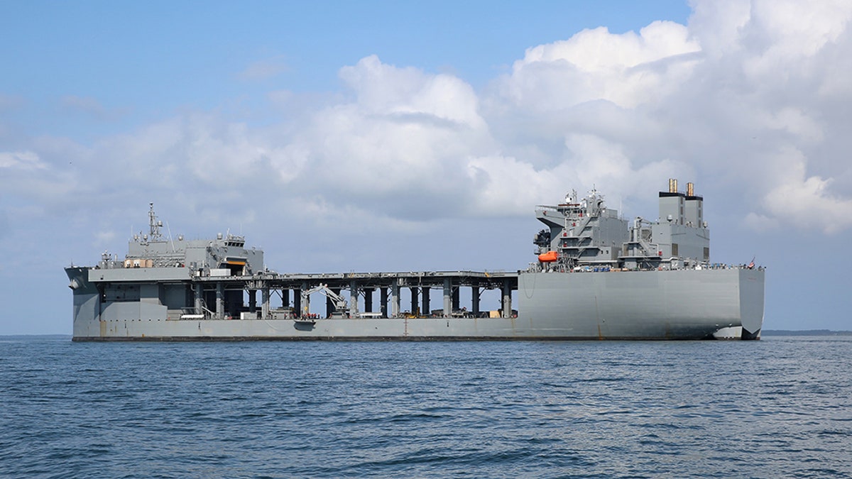 The Military Sealift Command expeditionary sea base USNS Hershel 'Woody' Williams (ESB 4) is at anchor in the Chesapeake Bay, Sept. 15, 2019 during mine countermeasure equipment testing. (U.S. Navy photo by Bill Mesta/Released)