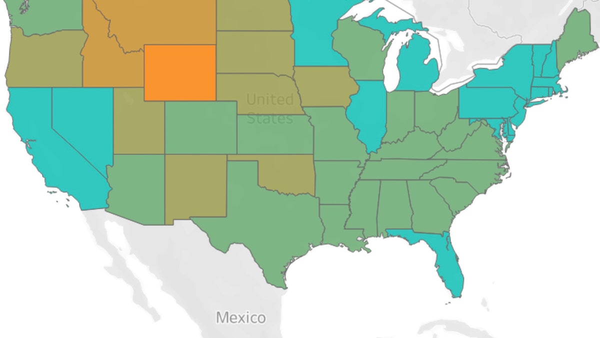 Change in distance traveled in the U.S. compared to pre-outbreak travel. The blueish states show the largest decrease in travel distance. (Credit: Unacast/Mapbox/OpenStreetMap)