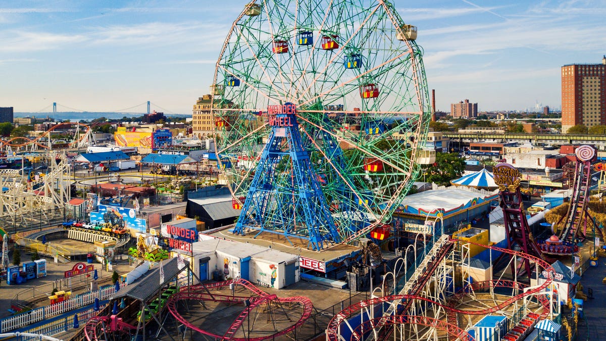 Wonder wheel at Coney island amusement park aerial view