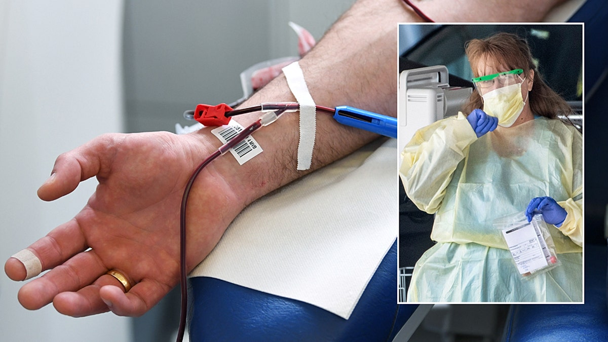 A man donates blood at the blood donation center of the Bavarian Red Cross (BRK), as the organization is concerned that people might stop donating the blood due to the coronavirus disease (COVID-19), in Munich, Germany.